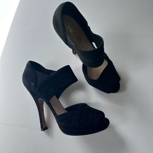 Prada Black Suede High Heel Peep Toe Bootie Style Sandals Size 38 - Picture 5 of 14
